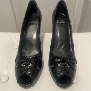 Stuart Weitzman Glossy Black Peep-Toe Heels 9SS